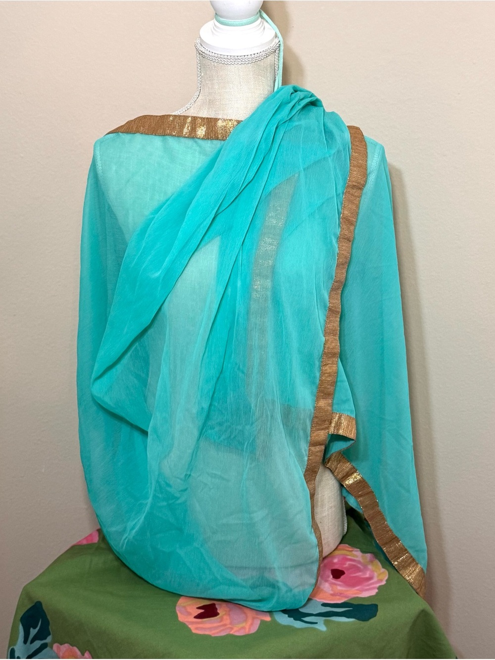 Sheer Turquoise teal silk Scarf Gold Trim stole Indian Dupatta Sari Saree Wrap
